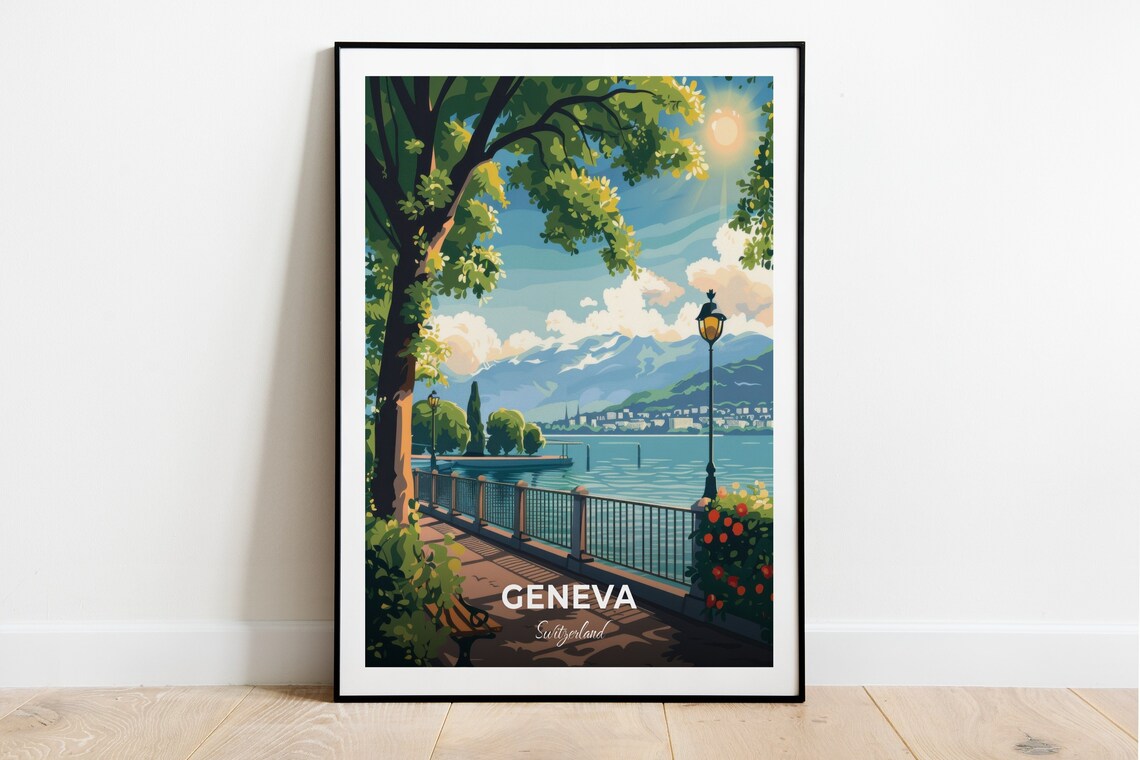 Geneva Switzerland Lake Promenade Vintage Cityscape Travel Poster