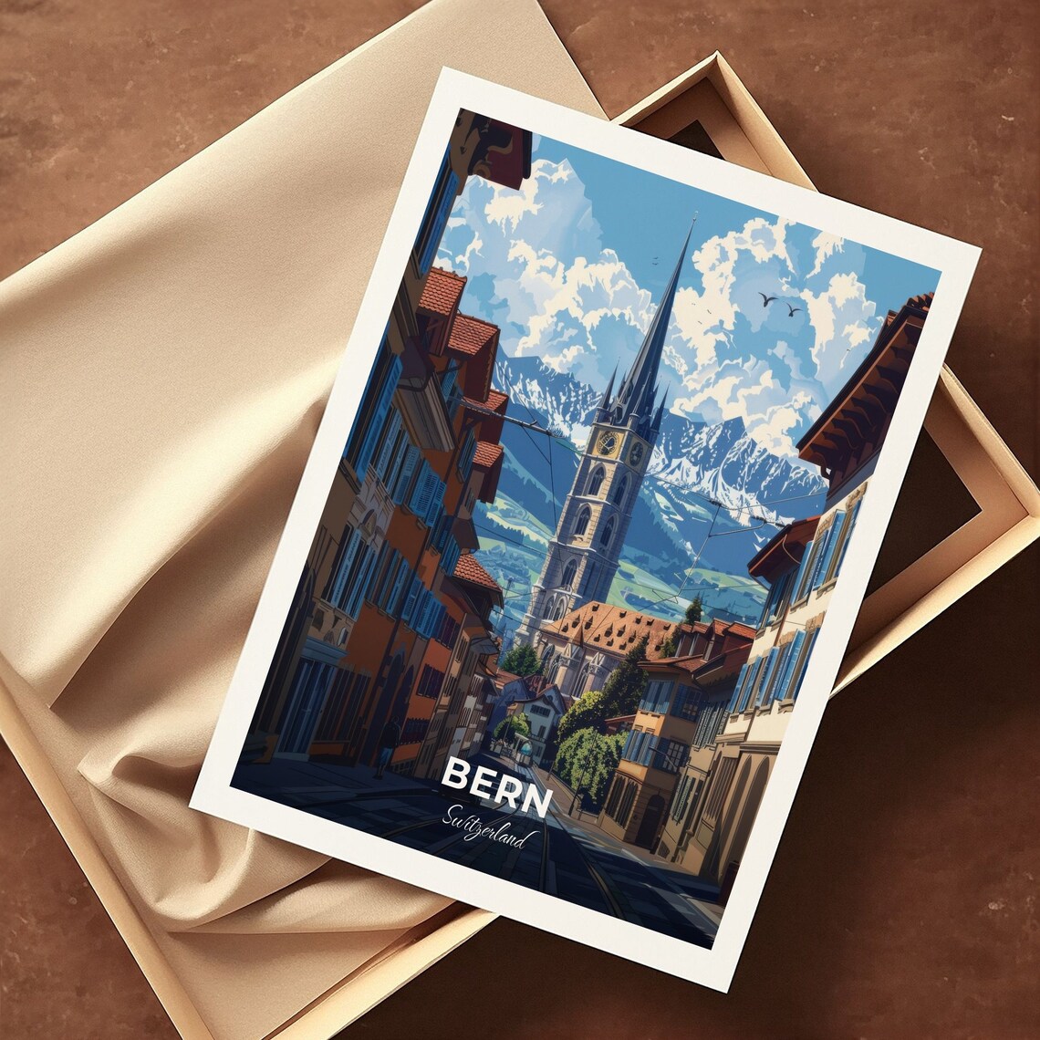 Bern Switzerland Munster Old Town Street Alps Backdrop Sunny Poster - Image 3