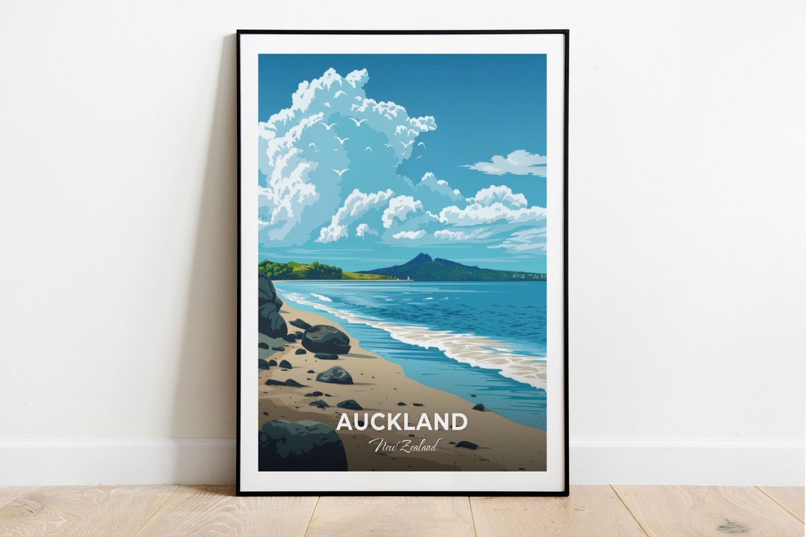 Auckland Rangitoto Island Sandy Beach Coast View Travel Poster