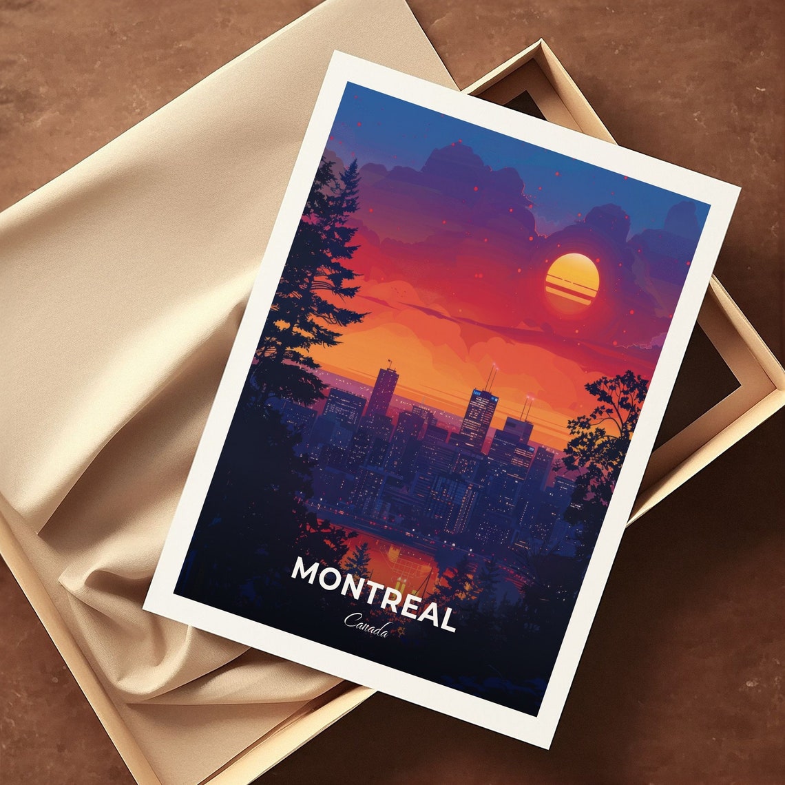 Montreal Canada Downtown Skyline Sunset Red Sun Trees Travel Poster - Image 3