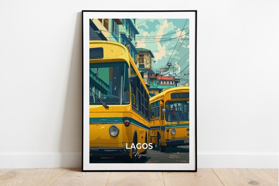 Lagos Nigeria Iconic Yellow Danfo Buses Street Scene Travel Poster