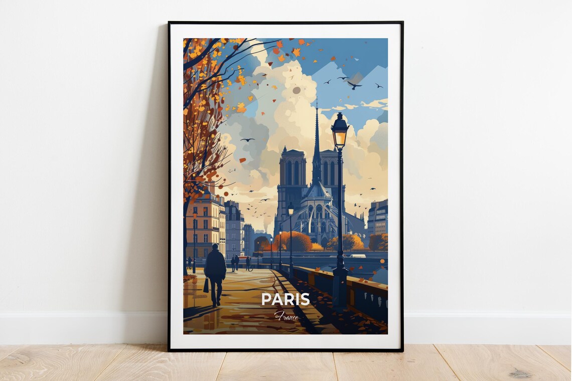 Paris France Notre Dame Cathedral Autumn Riverside Travel Poster