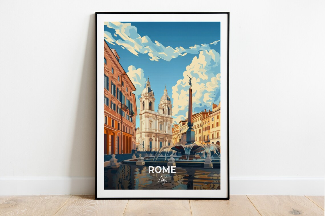 Rome Piazza Navona Fountain Baroque Church Italy Travel Poster