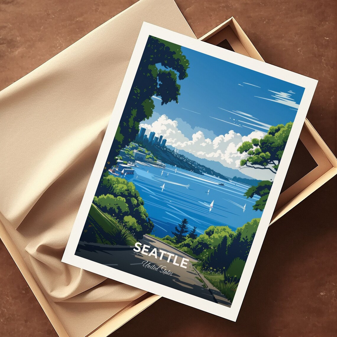 Seattle Lake Union Sailboats Skyline Blue Water United States Travel Poster - Image 3