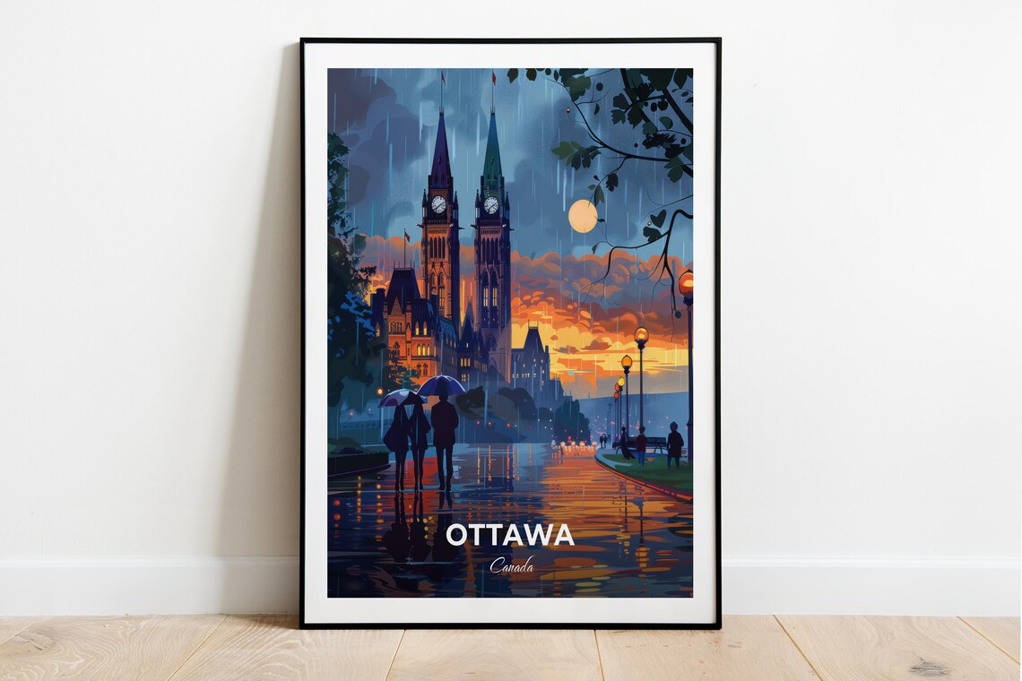 Ottawa Canada Parliament Hill Rainy Dusk Reflections Travel Poster