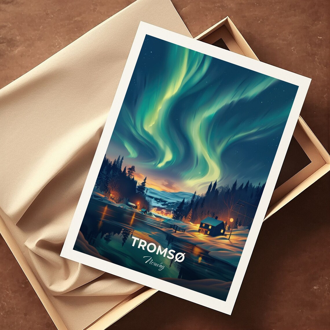 Tromso Norway Northern Lights Aurora Arctic Winter Cabin Travel Poster - Image 3