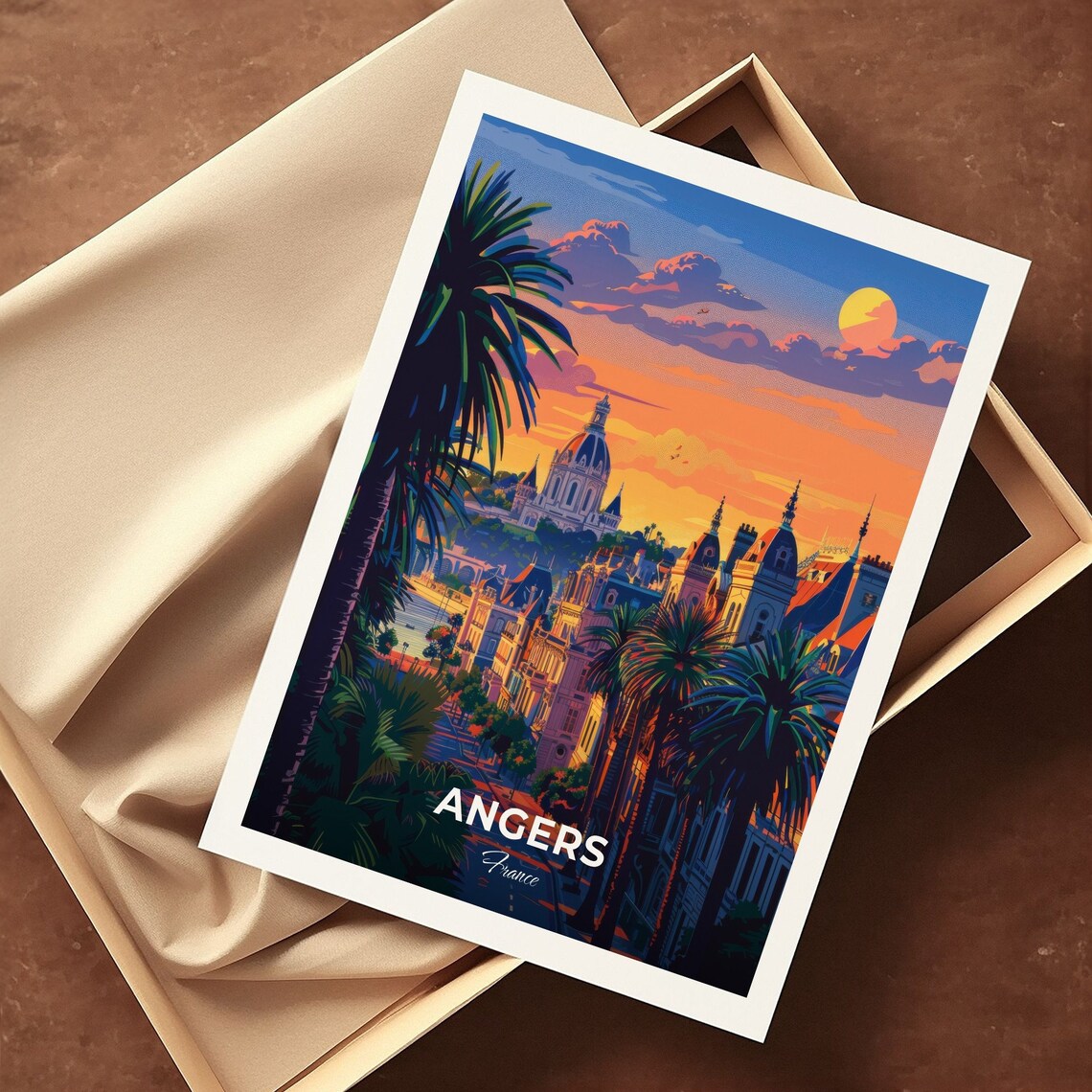 Angers France Sunset Domed Church Old Town Skyline Travel Poster - Image 3