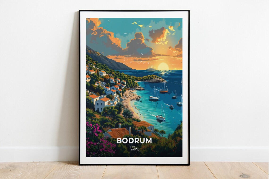 Bodrum Turkey Turgutreis Sunset Boats Bright Turquoise Bay Poster