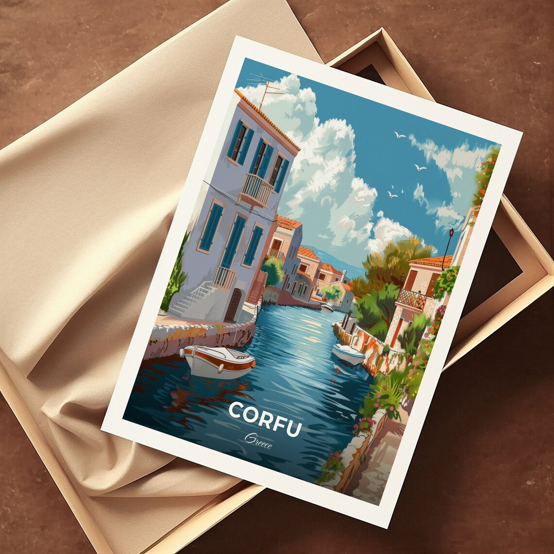 Corfu Greece Canal Village Boats Pastel Houses Travel Poster - Image 3