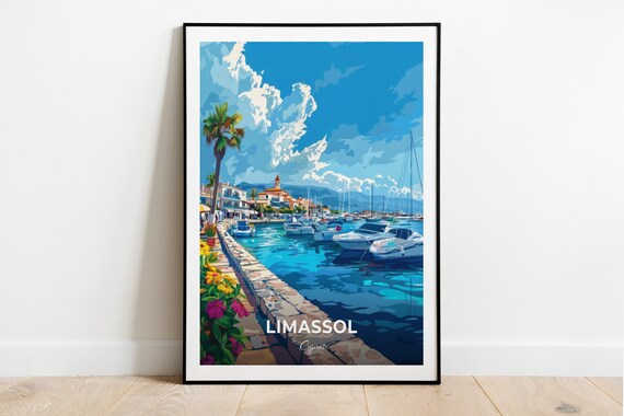 Limassol Marina Harbor Boats Flowers Cyprus Seaside Travel Poster