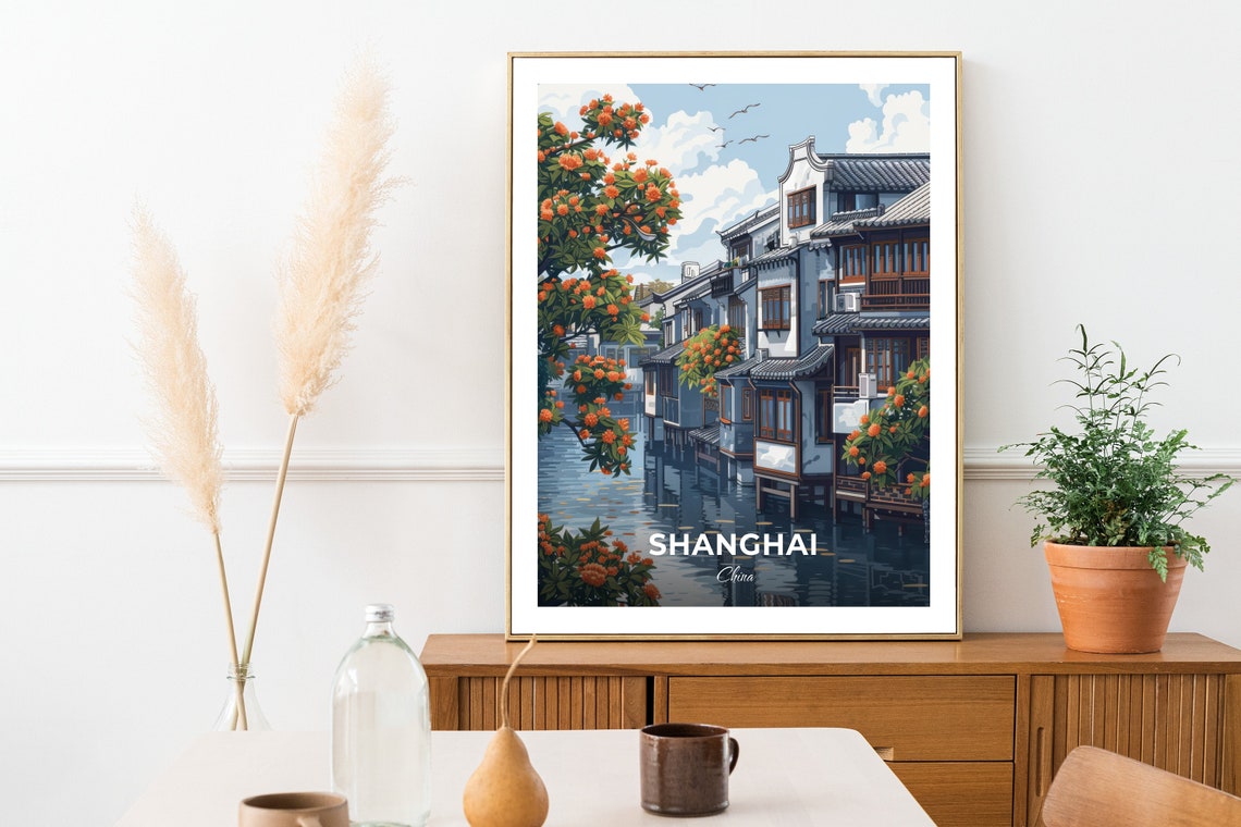 Shanghai Travel Poster Zhujiajiao Water Town City Print Cityscape Artwork Birthday Wedding Gift Wall Art Location Print Home Decor - Image 2
