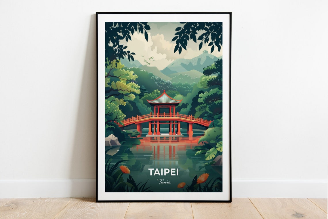Taipei Lakeside Pavilion Bridge Forest Reflection Travel Scene Poster