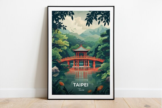 Taipei Lakeside Pavilion Bridge Forest Reflection Travel Scene Poster