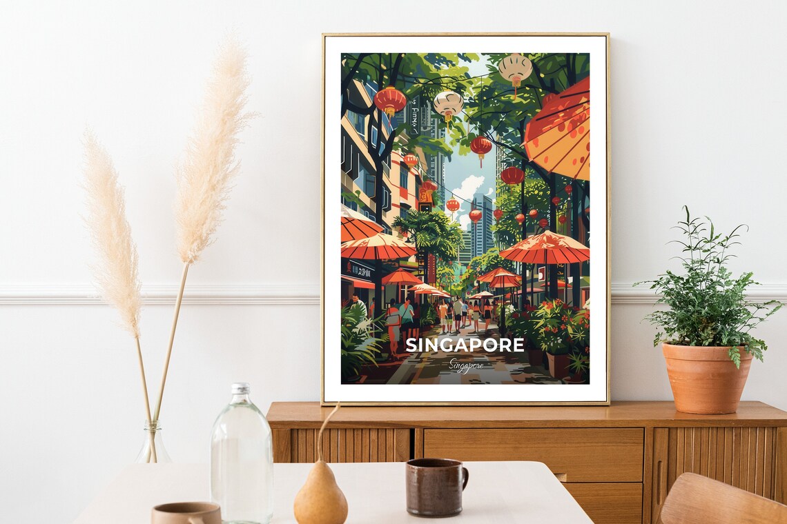 Singapore Orchard Road Lantern Street Umbrellas Bustling Travel Poster - Image 2