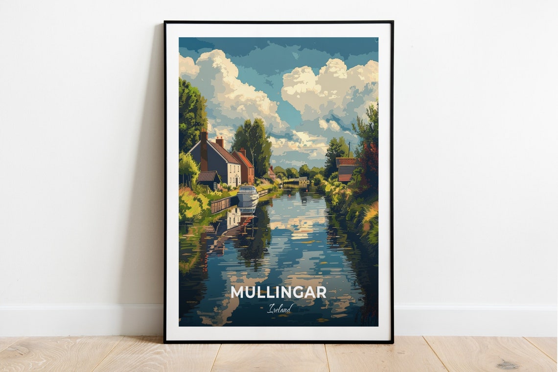 Mullingar Ireland Royal Canal Cottages And Narrowboat Scene Poster