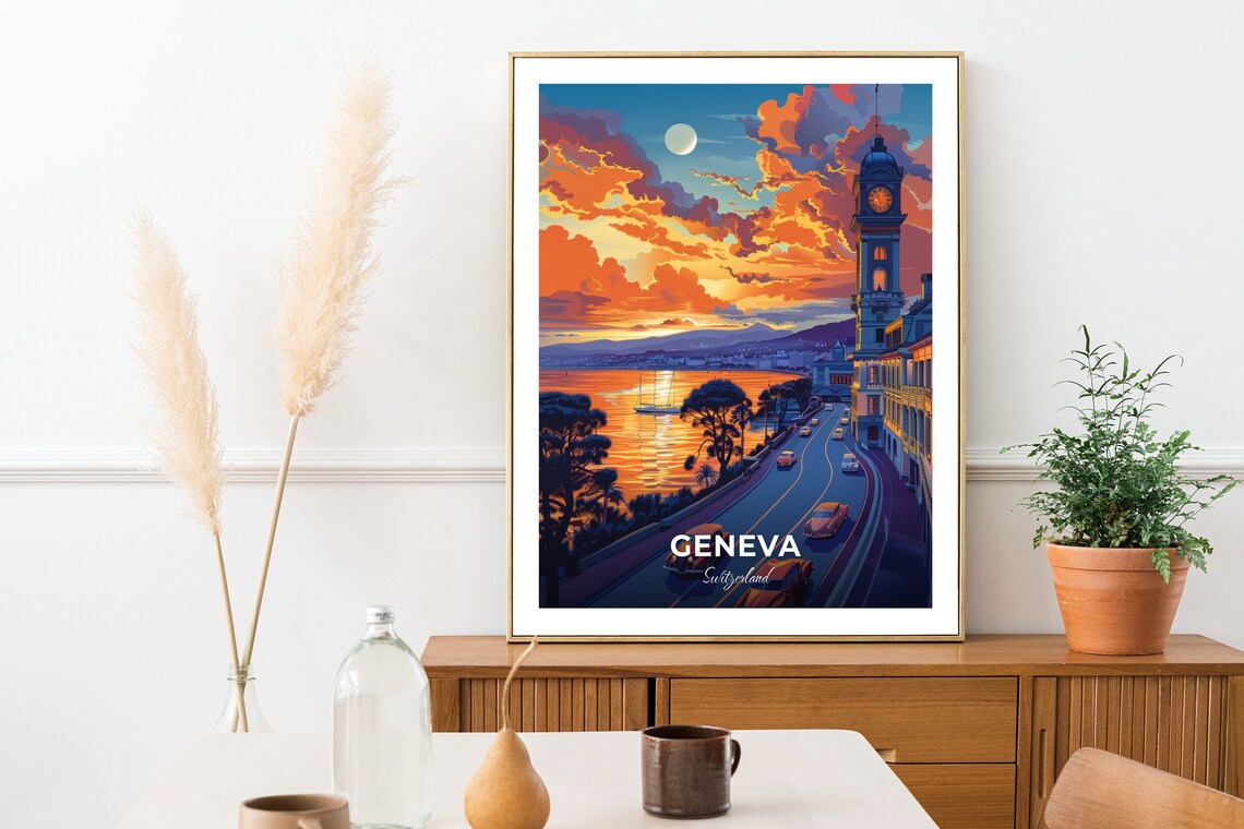 Geneva Switzerland Sunset Clock Tower Lake Vintage Travel Poster - Image 2