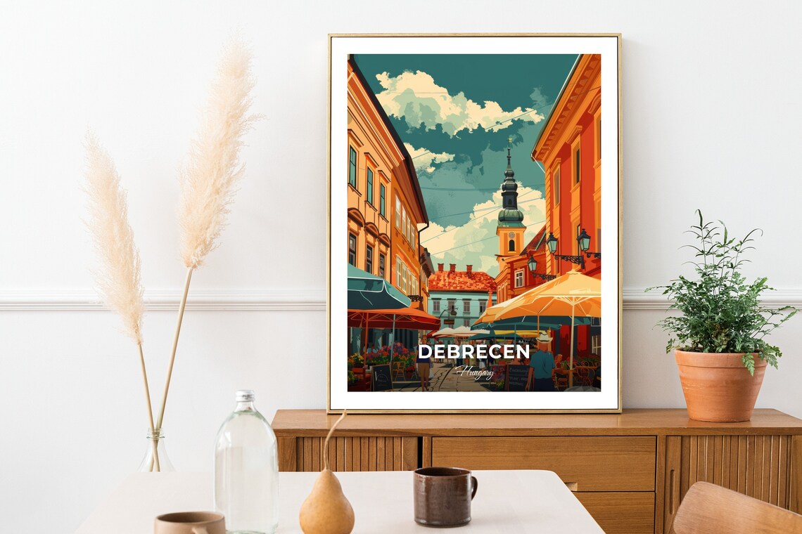 Debrecen Hungary Market Square Umbrella Cafes Church Tower Lively Poster - Image 2