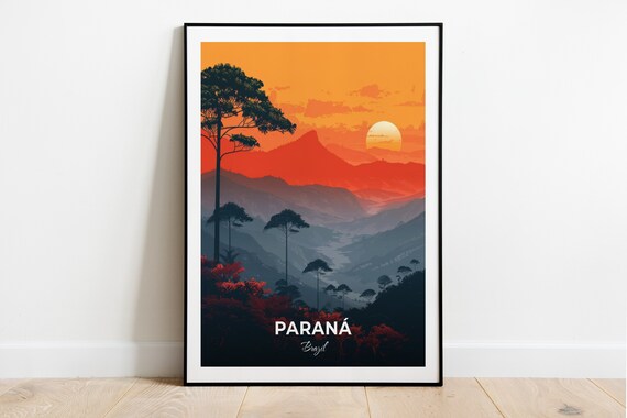 Parana Brazil Mountain Sunset Valley Tall Pines Landscape Travel Poster