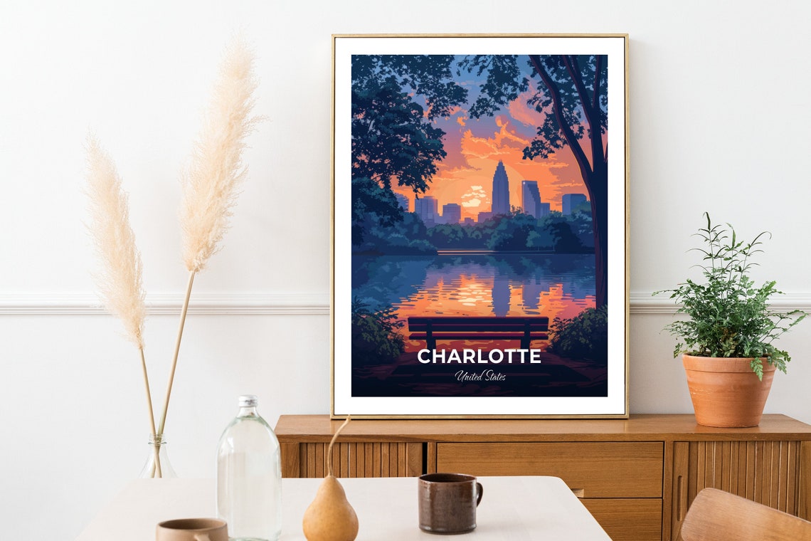 Charlotte USA Park Bench Lake Sunset Mirrored Skyline Poster - Image 2