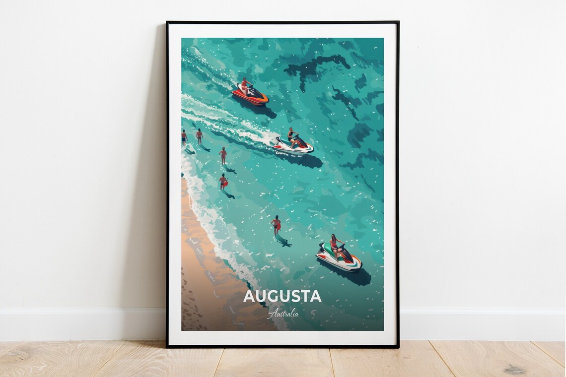 Augusta Turquoise Bay Jet Skis Swimmers Australia Vintage Travel Poster