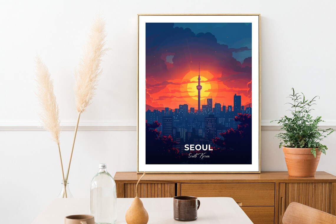 Seoul N Seoul Tower Fiery Orange Sunset City Skyline Travel Poster - Image 2