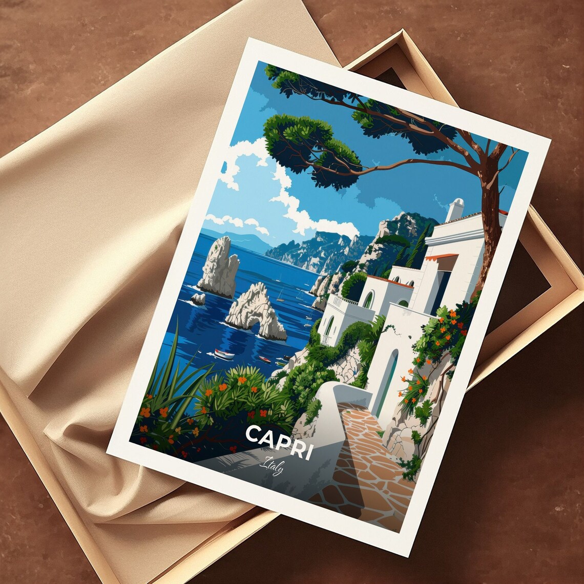 Capri Italy Cliffside Villa Terrace Faraglioni Sea View Travel Poster - Image 3