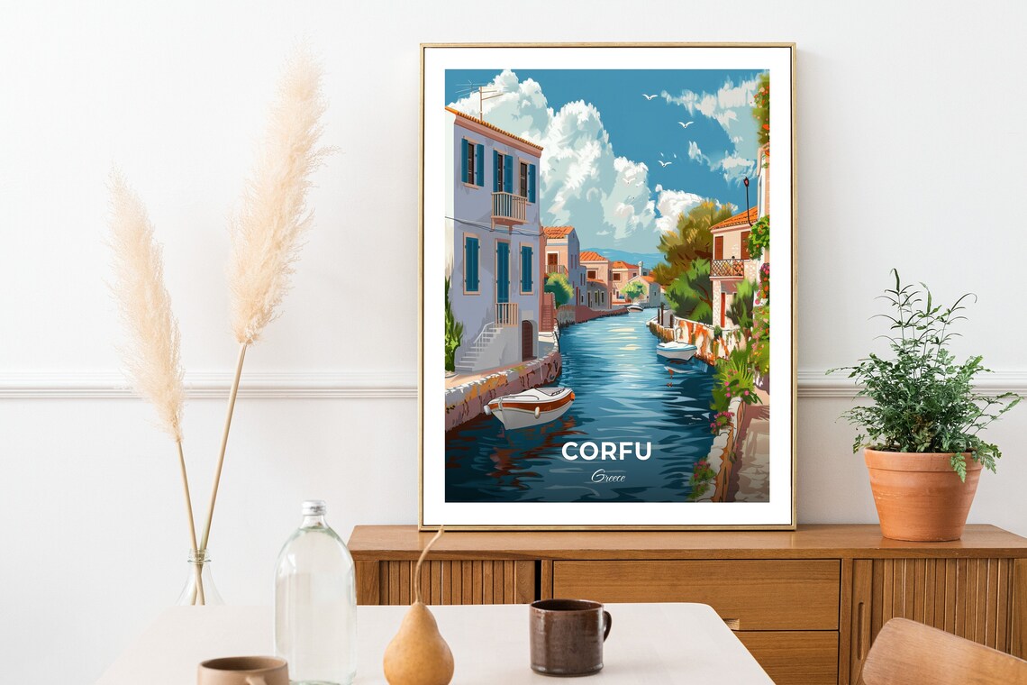 Corfu Greece Canal Village Boats Pastel Houses Travel Poster - Image 2