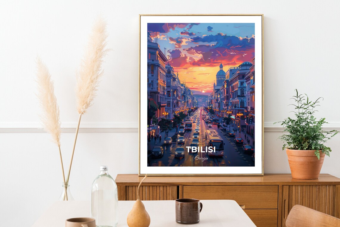 Tbilisi Georgia Rustaveli Avenue Sunset Traffic City Lights Travel Poster - Image 2