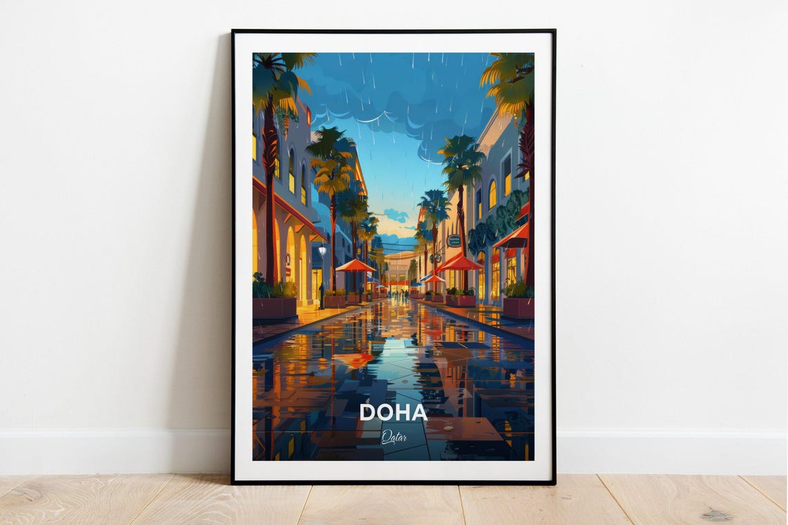 Doha Qatar Rainy Shopping Street Palms Glow Night View Poster