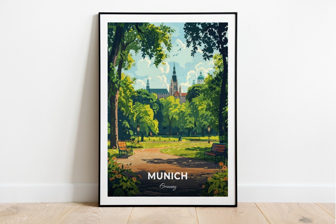 Munich English Garden Park Benches Church Spire Travel Poster