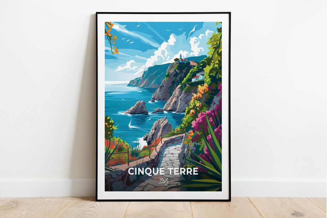 Cinque Terre Italy Coastal Cliff Hiking Trail Modern Travel Poster