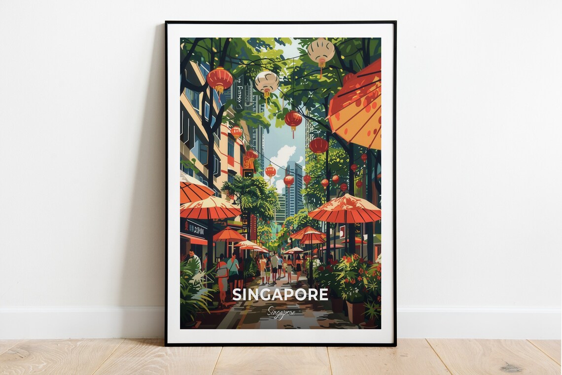 Singapore Orchard Road Lantern Street Umbrellas Bustling Travel Poster