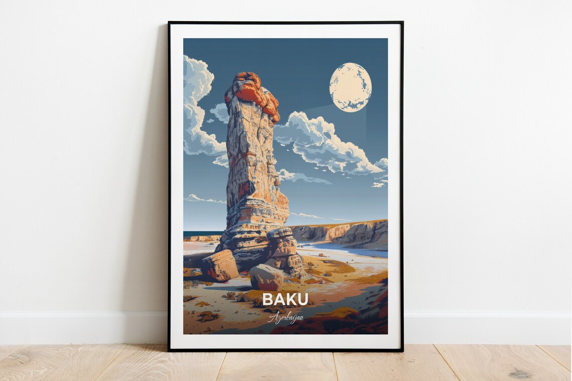 Baku Azerbaijan Moonlit Desert Stone Pillar Rock Travel Poster