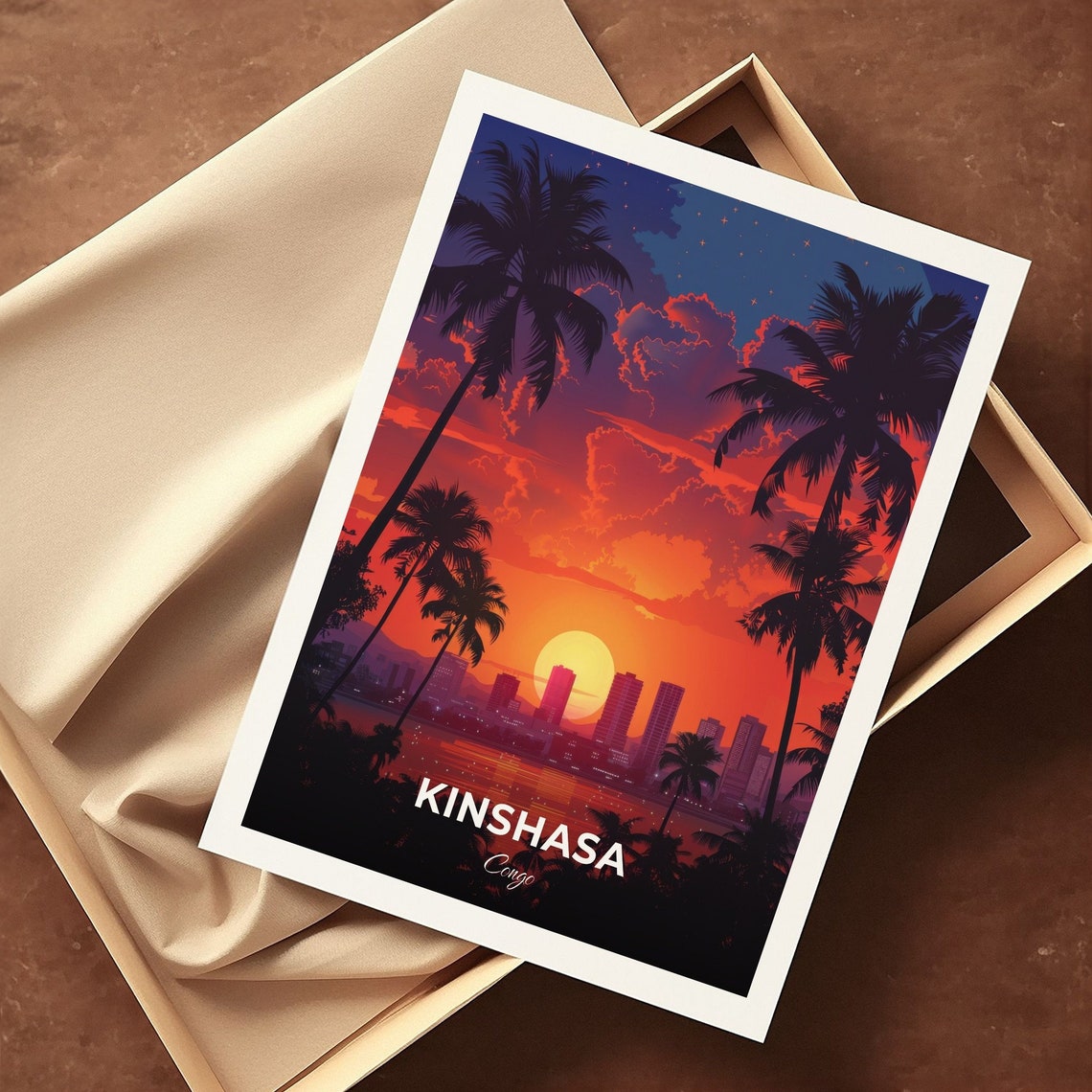 Kinshasa Congo Sunset City Skyline Palm Trees Vintage Travel Poster - Image 3