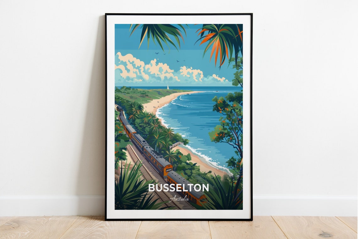 Busselton Australia Coastal Railway and Palm Beach Travel Poster