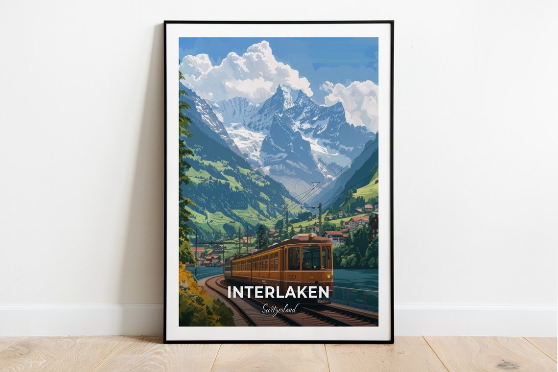Interlaken Alpine Train Curving Lake Shore Snowy Peaks Travel Poster