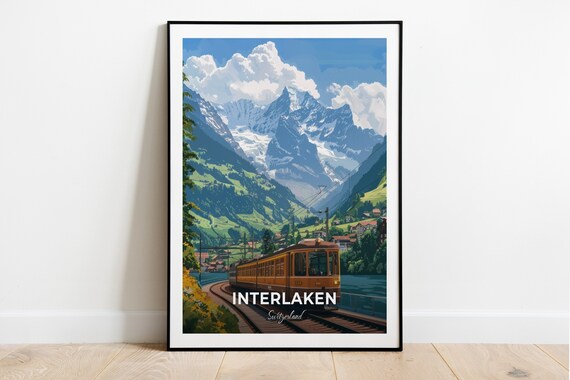 Interlaken Alpine Train Curving Lake Shore Snowy Peaks Travel Poster