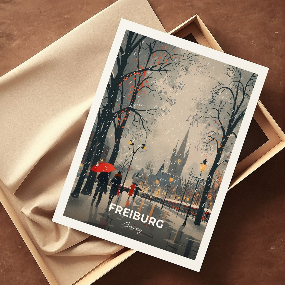 Freiburg Rainy Autumn Street With Red Umbrellas Germany Travel Poster - Image 3