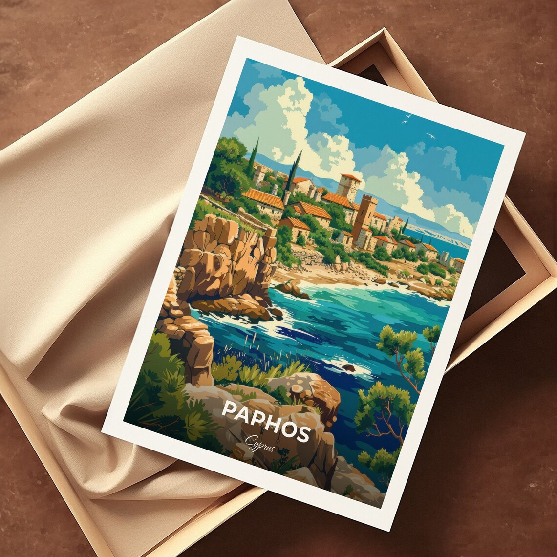Paphos Cyprus Rocky Coast Bay Old Town Cliffs Travel Art Poster - Image 3
