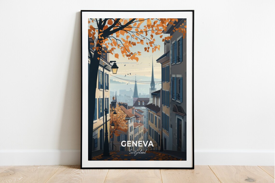 Geneva Old Town Autumn Street Golden Leaves Switzerland Travel Poster