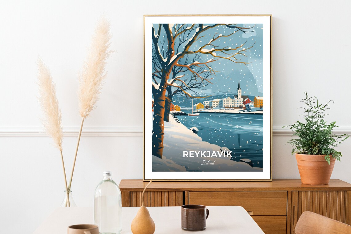 Reykjavik Iceland Snowy Winter Harbor Scene Vintage Travel Poster - Image 2