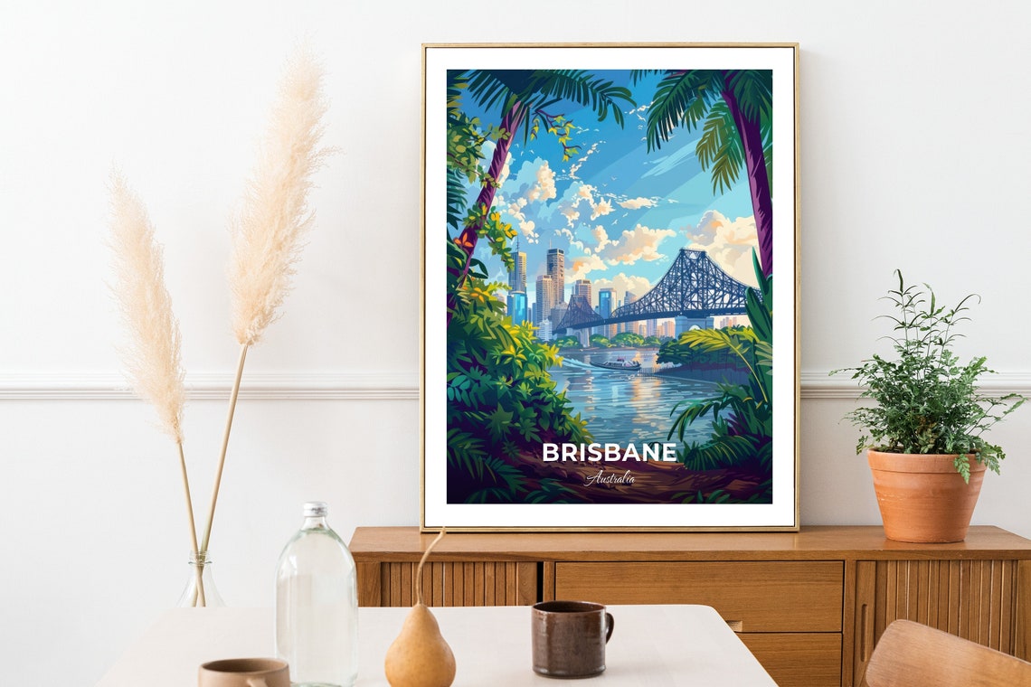 Brisbane Story Bridge River Skyline Palm Trees Travel Poster - Image 2