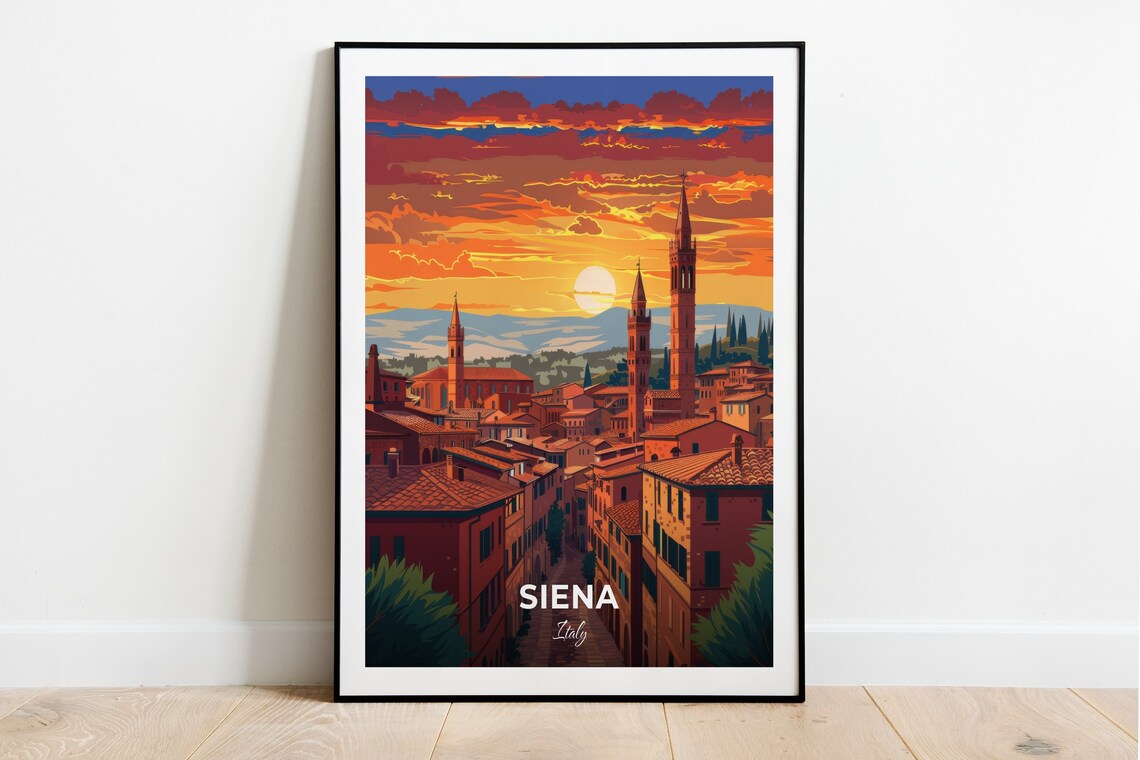 Siena Italy City Walls Rooftops Towers Sunset Skyline Travel Poster