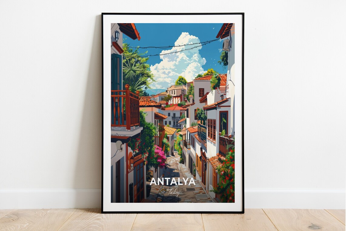 Antalya Turkey Kaleici Old Town Street White Houses Travel Poster