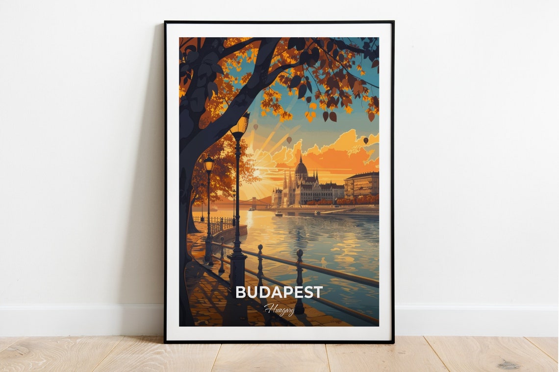 Budapest Parliament Building Danube Sunset Riverside Travel Poster