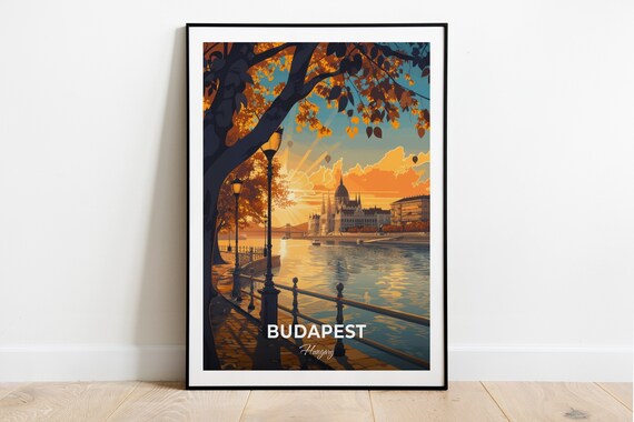 Budapest Parliament Building Danube Sunset Riverside Travel Poster