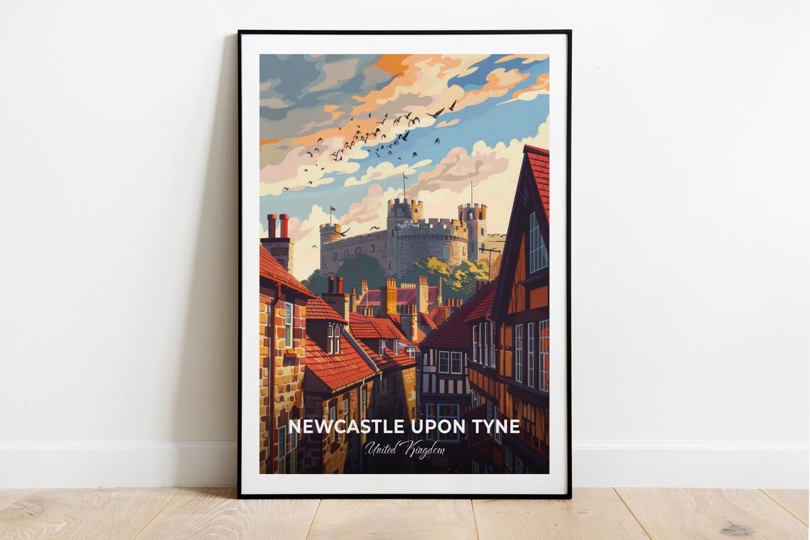 Newcastle Upon Tyne Castle Keep Red Rooftops Vintage Travel Poster