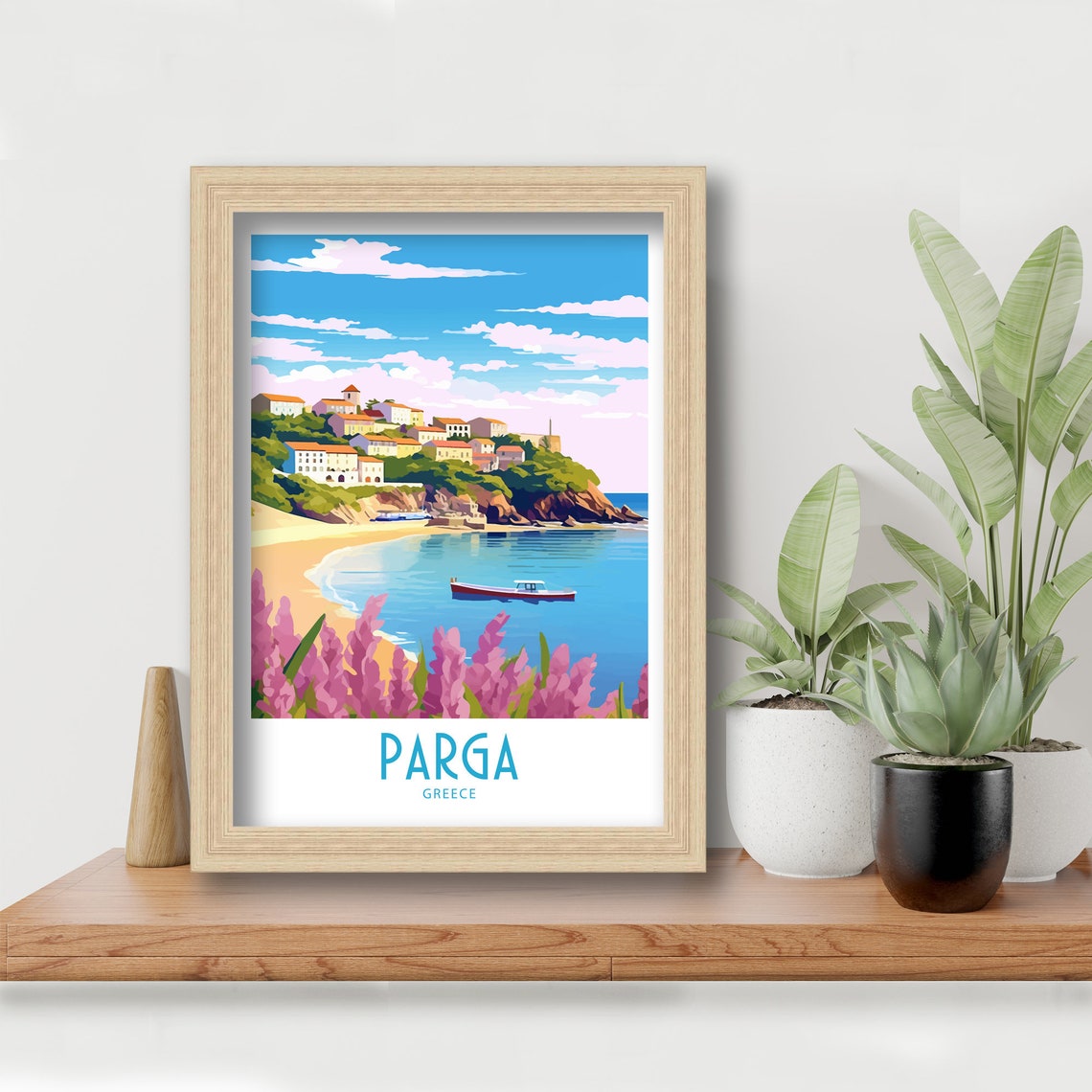 Parga Greece Sandy Beach Pink Flowers Hillside Town Travel Art Poster - Image 6