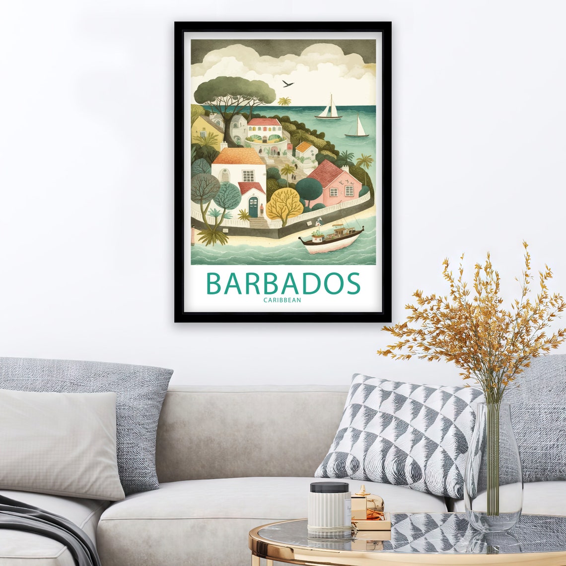 Barbados Caribbean Whimsical Seaside Village With Boats Travel Poster - Image 3