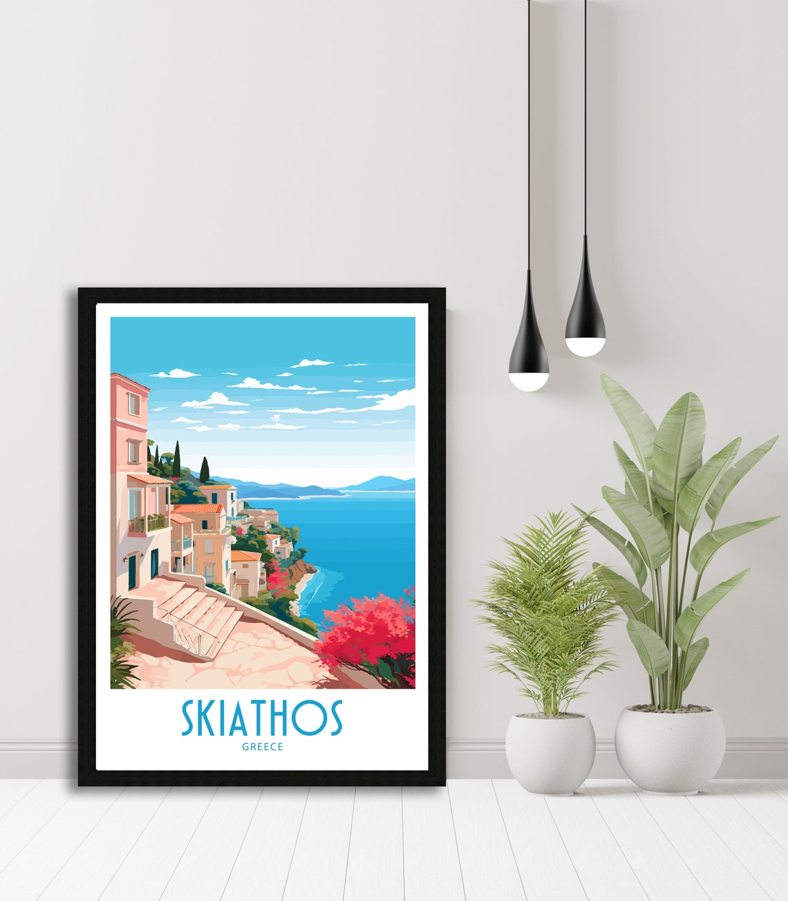 Skiathos Greece Hillside Houses Stone Steps Aegean Sea View Poster - Image 5